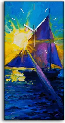 Produktbild von Wanduhr Bürouhr Leinwand Bild Quarz 30x60 segel Schiff Sonnenaufgang farbenfroh - weiße Hände
