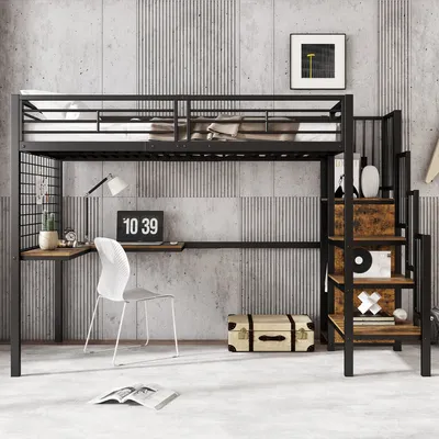 Zdjęcie produktu dla Łóżko piętrowe Flieks 90x200 cm z biurkiem w kształcie litery L i żelazną półką z siatki, łóżko na poddaszu ze schodami i szafą, łóżko dziecięce metalowe, czarne