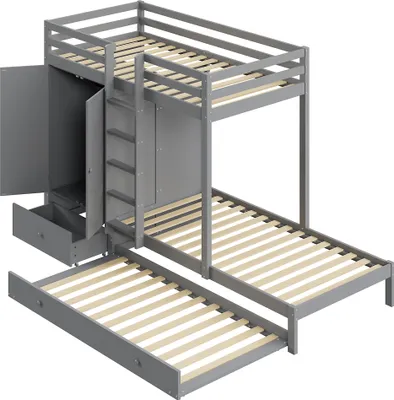 Produktbild von okwish Etagenbett Stockbett 90x200cm mit Ausziehbett 90*190cm, Hochbett mit Rausfallschutz, Massivholzbett Kinderbett Bettgestell mit Kleiderschrank, Schubladen und Ablagefach, grau