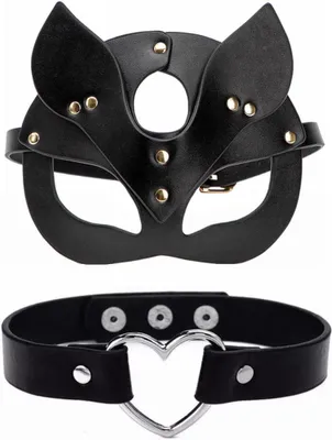 Productafbeelding van Kattenmasker met hartvormige halsketting - Zwart maskerade - Gezichtsmasker voor dames - Polyurethanleer - Carnavalsmaskerade