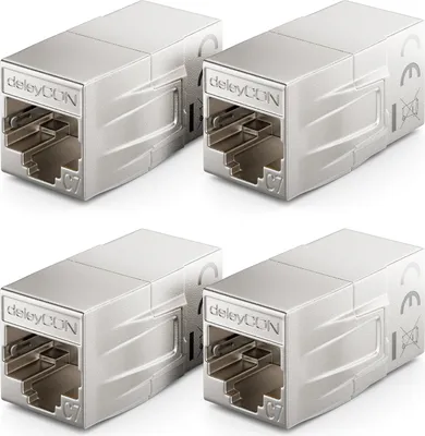 Produktbild von deleyCON 4 Stück CAT 7 Kupplung Verbinder Adapter Metall Patchkabel LAN DSL Ethernet RJ45 Verlängerung 2x RJ45 Buchse 600 MHz 10Gbps Silber