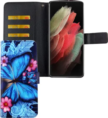 Produktbild von Samsung Galaxy S21 Ultra Tasche Handy Hülle Schutz-Cover Flip-Case mit Kartenfach Blauer Schmetterling