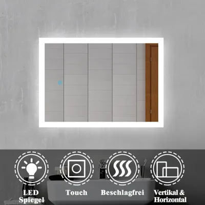 A modern bathroom mirror with integrated LED lighting, set against a textured wall. Below the mirror, icons illustrate features like LED lighting, touch control, anti-fog, and vertical/horizontal mounting.