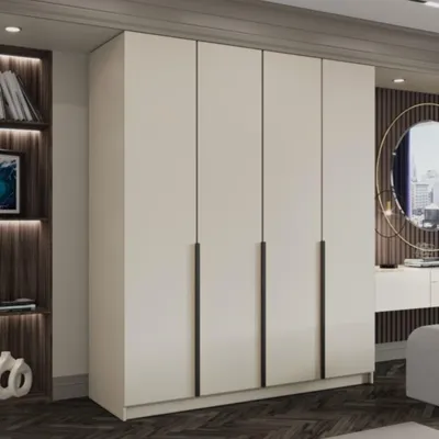 Zdjęcie produktu dla Duża szafa 4-drzwiowa LIZA otwierana 200cm kaszmir, w komplecie z półkami, drążkiem i uchwytem czarnym lub złotym, modny design