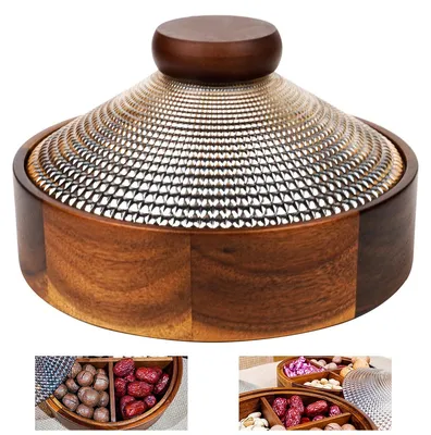 Produktbild von Servierschale Holz mit Glasdeckel, 4 Fächer Snackbox für Nüsse, Süßigkeiten & Snacks, Vorratsbox, dekorativ, platzsparend für Küche & Wohnzimmer