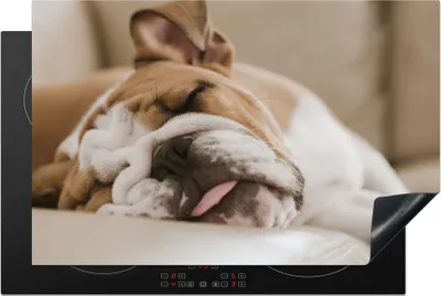 Produktbild von KitchenYeah© Herdabdeckplatte Englische Bulldogge schläft auf dem Sofa , 80x52cm, Küche Deko, Glaskeramikkochfeld Herdabdeckung, Abdeckplatte fùr Kochfeld