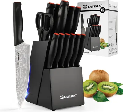 Immagine prodotto di KATISUN Set di coltelli neri da 15 pezzi in acciaio tedesco con manici lucidi, ceppo di coltelli, coltello da cucina professionale con affilatore