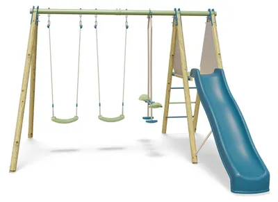 Image de Balançoire en bois "OPTIMA 2" avec toboggan, comprenant 2 sièges de balançoire, 1 siège double et une plateforme avec toboggan