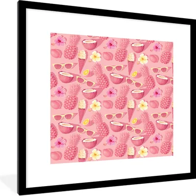 Produktbild von MuchoWow® Gerahmtes Poster Sommer - Rosa - Muster 40x40 cm - Poster mit Schwarzem Bilderrahmen Wandposter Rahmen Foto Bilder - Poster - Plakat im Rahmen