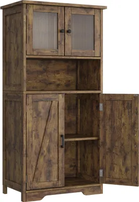 Produktbild von Freistehender Wäscheschrank - Vorratsschrank für Küche - 1 m - Massivholz - Glastüren - Verstellbare Einlegeböden - Montage erforderlich - Gelb