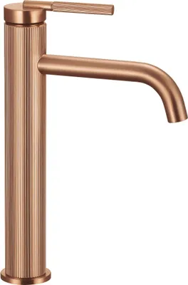 A close-up studio shot of a single copper-colored faucet against a white background.