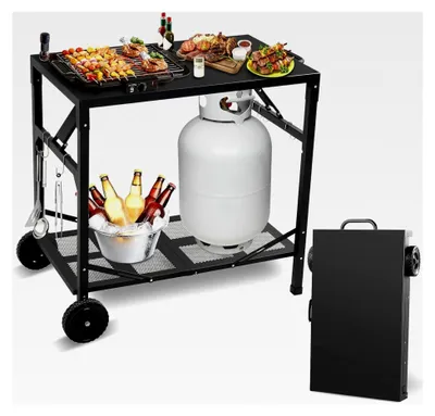 Produktbild von Faltbarer Grillwagen für den Außenbereich - Tragbarer Pizzaofen-Tisch mit Rädern, Beweglicher Essenswagen für BBQ, Innenbereich und Küche