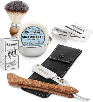 Produktbild von Rasierset - Rasiermesser Holz – Lederetui Schwarz - Crusoe