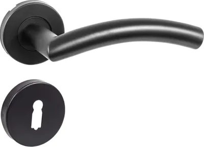 A black door handle set with a round rosette and a keyhole.