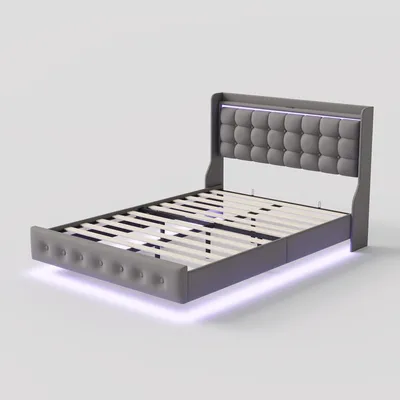 Image de Lit double - Lit suspendu rembourré - 140x200 cm - Éclairage LED - Port de charge USB - Sommier à lattes - Gris foncé