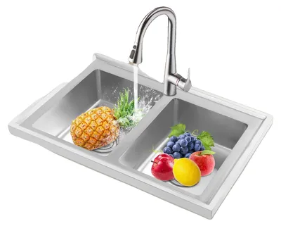 Immagine prodotto di Lavello da cucina, con due vasche, in acciaio inossidabile, dimensioni 80 cm x 60 cm x 15,5 cm, installazione a incasso, dotato di 2 piletti di scarico