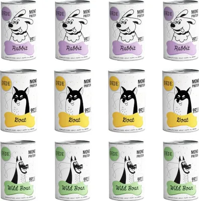 A grid of 12 cans of dog food, with three rows and four columns. Each row features a different flavor: Rabbit, Goat, and Wild Boar.