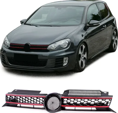 Zdjęcie produktu dla Osłona chłodnicy Sportowa osłona chłodnicy z czerwoną listwą w kolorze czarnym błyszczącym dla VW Golf 6 VI