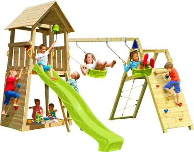 Produktbild von Spielturmking Spielturm BELVEDERE mit Rutsche + Kletterwand + Doppelschaukel - Grün DH812