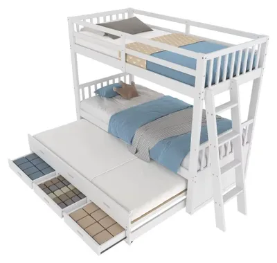 Obrázek produktu pro Dvoulůžko 90 x 200 cm - dětská postel ve tvaru domku - s žebříkem - s výsuvnou postelí - s 3 zásuvkami - z borovicového dřeva - bílá barva