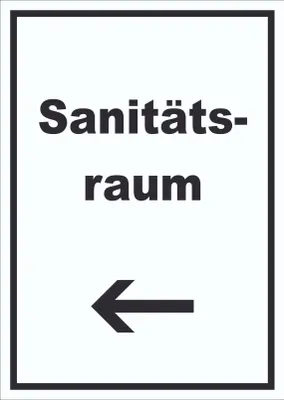 Produktbild von Sanitätsraum Schild mit Text und Richtungspfeil links Krankenzimmer hochkant A3 (297x420mm)