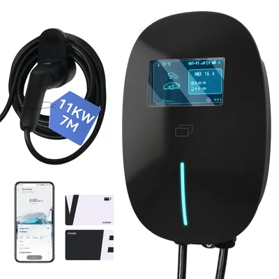 Produktbild von Puluomis Wallbox Ladestation 11kW Ladekabel 7m Typ 2 mit Halter,EV Ladegerät 3-phasig 6-16A einstellbar, IP65 Wasserdicht mit Wlan & Bluetooth schwarz