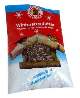 A bag of bird seed with an illustration of a bird feeder and birds.