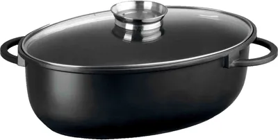A black oval pot with a glass lid and silver handles is shown against a white background.