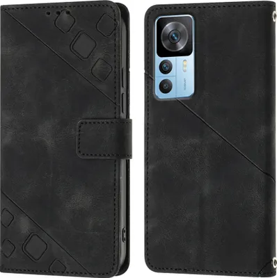 Produktbild von Hülle für Xiaomi 12T / 12T Pro / Redmi K50 Ultra Prägung Flip Leder Brieftasche Schutzhülle mit Ständer Schwarz