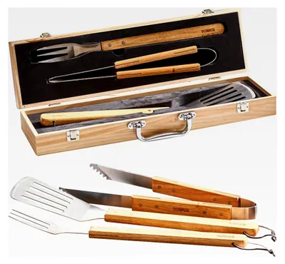 Produktbild von Grillwerkzeug-Set mit 4 Teilen und Aufbewahrungsbox, Holzgriffe, Edelstahl