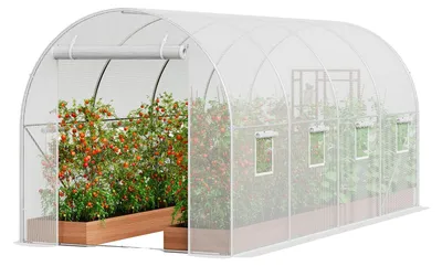 Produktbild von VEVOR Gewächshaus im Tunnelstil, 3,6 x 2 x 2 m / 12 x 7 x 7 ft Tragbares Pflanzenhaus mit verzinkten Stahlbögen, 1 Oberträger, 2 Diagonalstangen, 2 Reißverschlusstüren & 6 Rollfenstern, Grün, Weiß-15x7x7 ft
