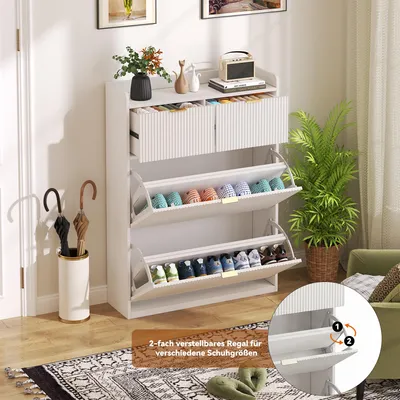Obrázek produktu pro UnboxG Úzký botník se 2 zásuvkami a 2 otevřenými policemi - Bílý botník na 9 párů bot, 110x24x80 cm, prostorově úsporný botník do předsíně
