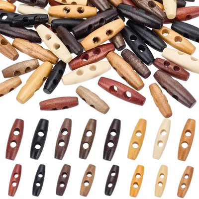 Produktbild von Ovale Knebelknöpfe aus Holz - 80 Stück mit 2 Löchern - Für Kleidung und Bastelarbeiten - 3/4 cm - 8 Farben