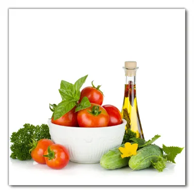 Produktbild von Wallario selbstklebende Möbelfolie/ Tischdecke für Innen und Außen, Größe: 60 x 60 cm - Frische Salatzutaten mit Kräuter-Öl - Tomaten, Gurke, Petersilie