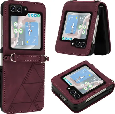 Produktbild von Hülle für Samsung Galaxy Z Flip 5 Prägung Flip Leder Kartenfächer Schutzhülle mit Ständer Rot