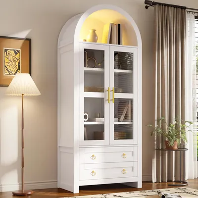 Produktbild von Standvitrine 76 x 40 x 180 cm mit LED, 2 Türen aus gehärtetem Glas, 2 Schubladen, offenem Bogenbereich, Retro-Design, Weiß