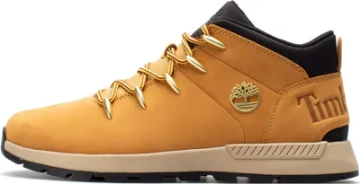A side view of a tan Timberland Sprint Trekker Mid boot against a white background.
