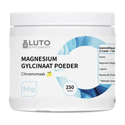 Produktbild von Magnesiumglycinat Pulver - 250 Gramm - Glycinat / Bisglycinat - Mit Zitronengeschmack - Angereichert mit Vitamin B6 & Taurin - Luto Supplements