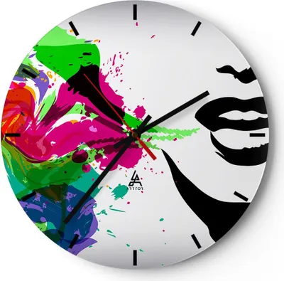 Produktbild von Wanduhr - Rund - Glasuhr - Frau Gesicht Lippen Make-up - 30x30cm - Schleichendes Uhrwerk - Lautlos - zum Aufhängen bereit - Dekoration Modern - Wanddekoration aus Glas - C3AR30x30-2634
