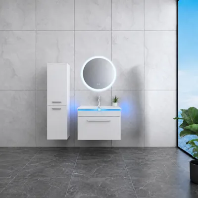 Produktbild von Faizee Home Temur Badmöbelset 60 cm Waschbecken Runder Spiegel Seitenschrank links