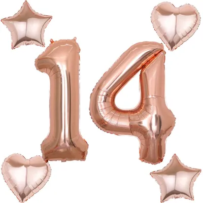 Zahlenballon 14 Roségold, 100 cm, mit Herz & Stern Folienballons