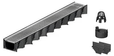 Produktbild von 1m ACO Hexaline 2.0 Entwässerungsrinne mit Edelstahl Längsstab Stegrost Ablauf vertikal Bodenrinne Terrassenrinne