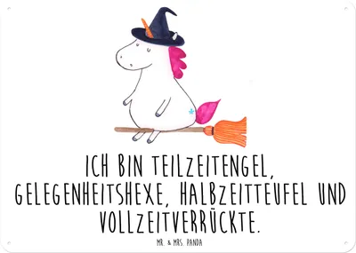 Produktbild von Mr. & Mrs. Panda tafel Einhorn Hexe DIN A6 - Weiß - Geschenk, Türschild, Wandbild, Magnetschild, Frau, Teufel, Blechschild, Freundin, Unicorn, Ehefrau, Schild