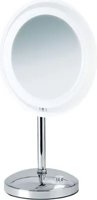 A makeup mirror with LED lighting on a stand.