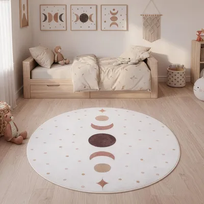 Produktbild von Carpetsale24 Kinderteppich Mondphasen rund 200 cm für Kinderzimmer in Creme mit Boho Design ideal für große Spielflächen