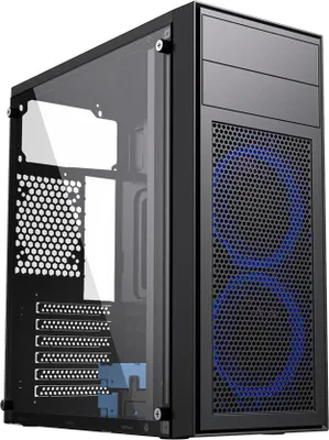 A computer case with a clear side panel and blue fans.