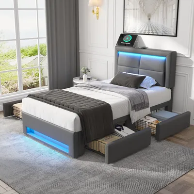 Produktbild von MODFU Polsterbett 90x190 mit LED-Beleuchtung und USB-Anschluss,Jugendbett Stauraumbett mit 4 Schubladen, Bettrahmen ohne Matratze,Grau