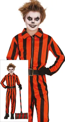 Productafbeelding van Clown Halloween kostuum, grappig, voor kinderen, circus, nar, gestreept, overall, griezelig, grijns, enge verschijning, horror. Maat: 110/116. Kleur: Oranje/Zwart