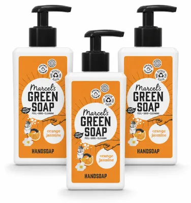 Image de 3 savons pour les mains "Green Soap" de Marcel, parfum Orange & Jasmin - 250 ml - Pack avantageux - 3 pièces