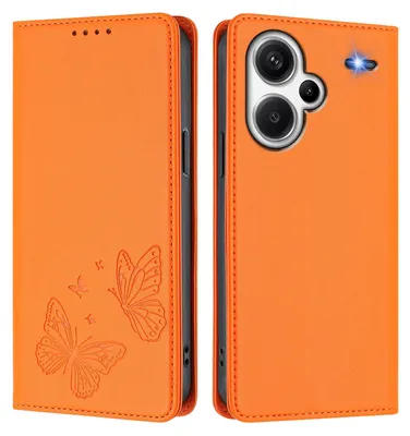 Obrázek produktu pro Kožené pouzdro pro Xiaomi Redmi Note 13 Pro+, motýlí ražbou, peněženkové flip pouzdro se stojánkem Oranžová